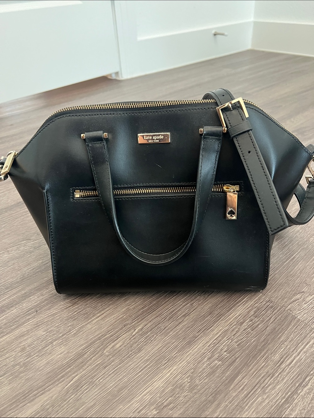 kate spade Black Leather Dome Satchel with Gold Hardware Accents